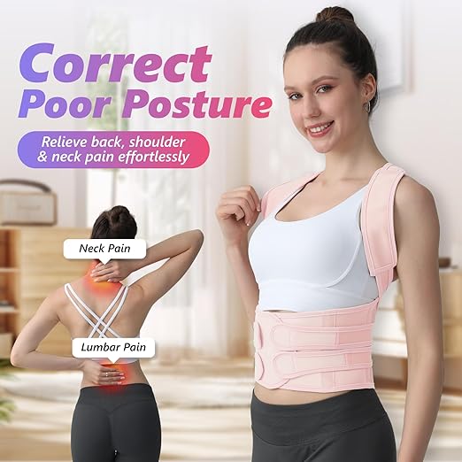 Posture Corrector for Women and Men, Adjustable Shoulder Straightener with Full Back Support, Relief for Lower & Upper Back Pain, Spine, Scoliosis Relief (Pink, Large)