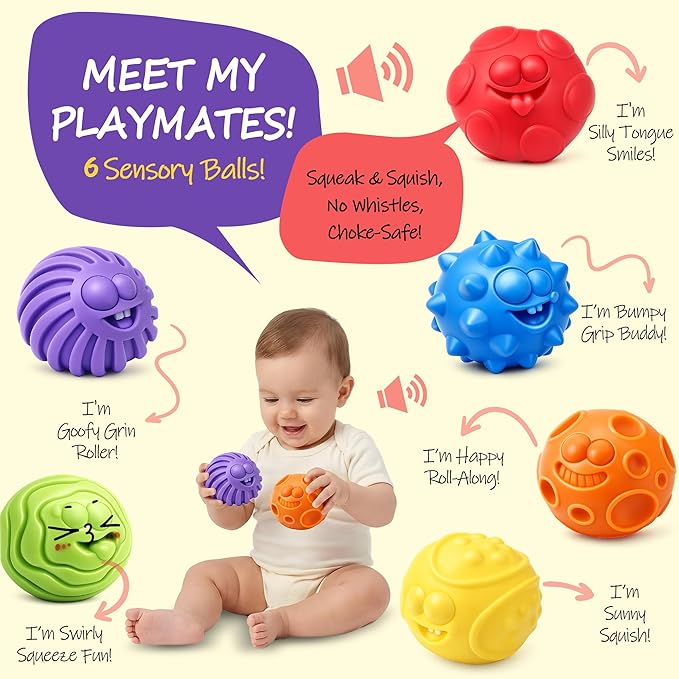 Baby Sensory Balls for 6-12 Months, 6PCS Textured Infant Toys, Soft Montessori Grasp Ball Set for Baby Development, Fine Motor Skills, Colorful Early Learning Gift