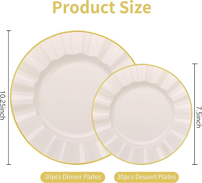 60Pcs Heavy Weight Ivory Plastic Plates with Gold Trim, Heavy Duty Wedding Plates, Elegant Disposable Plate Sets include 30 10" Dinner & 30 7" Dessert Plates for Party & Wedding(30 Guests)