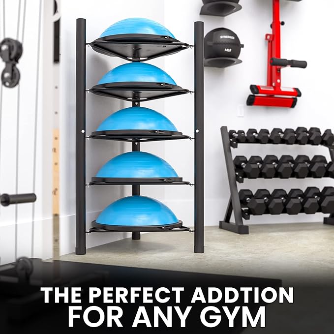 Synergee Exercise Ball Rack. Holds up to 5 Exercise Balls for Home, Commercial and Garage Gym Organization. Free Standing Storage Rack for Exercise Balls.
