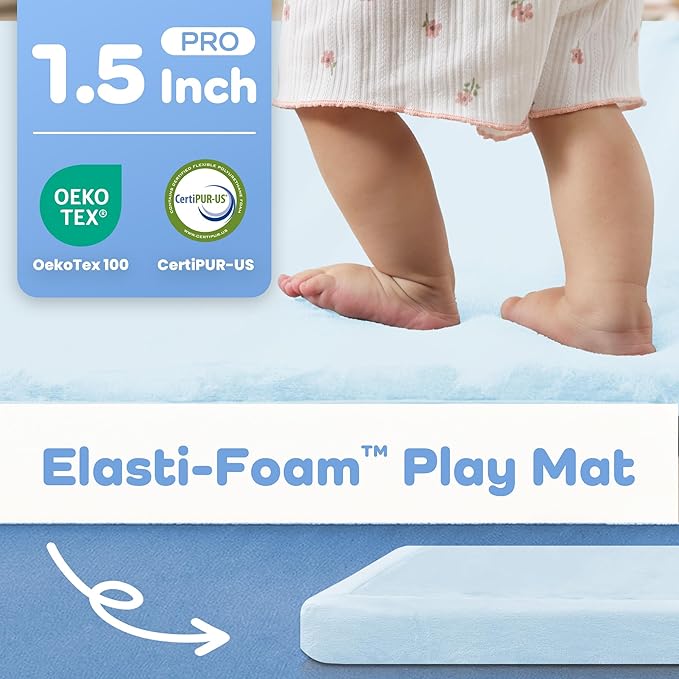 1.5" Thick Baby Play Mat for Floor Tummy Time, 59"x 79" Pro Soft Baby Activity Playmats Playroom, Easy Care with Non-Slip Safe for Infant Toddler Kids Crawling(Blue)