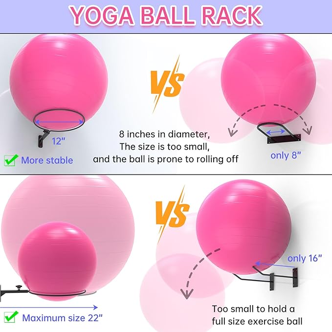 Wall Mount Stability Ball Storage Rack for 26" Large Balls, Adjustable Heavy Duty Exercise Ball Holder for Home Gym, Metal Bracket for Yoga Ball, Swiss Ball, Physio Ball, Medicine Ball