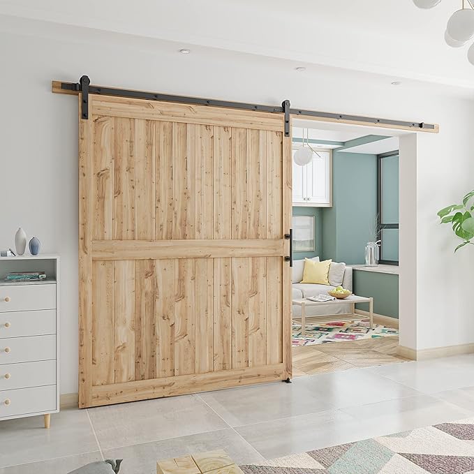 SMARTSTANDARD 11 FT Heavy Duty Sturdy Sliding Barn Door Hardware Kit, Black, (Whole Set Includes 1x Pull Handle Set & 1x Floor Guide) Fit 66" Wide Door Panel (I Shape Hanger)