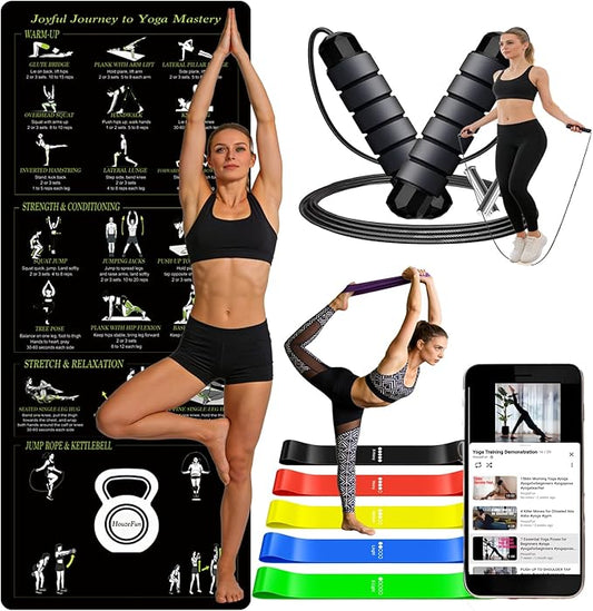 Lightweight and Portable Yoga Mat - Non-Slip Exercise Mat with Printed Yoga Poses for Pilates, Workout & Stretching - Includes Resistance Bands and Weighted Jump Rope - Home & Gym Use