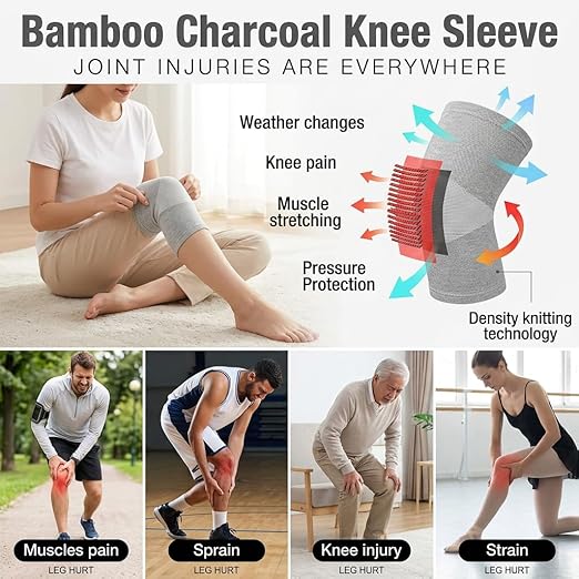 Premium Bamboo Knee Sleeve - 2 Pair Bamboo Compression Knee Sleeve for Women & Men, Anti-Slip Elastic Sport Warm Knee Brace for Arthritis (Black+Gray,Medium)