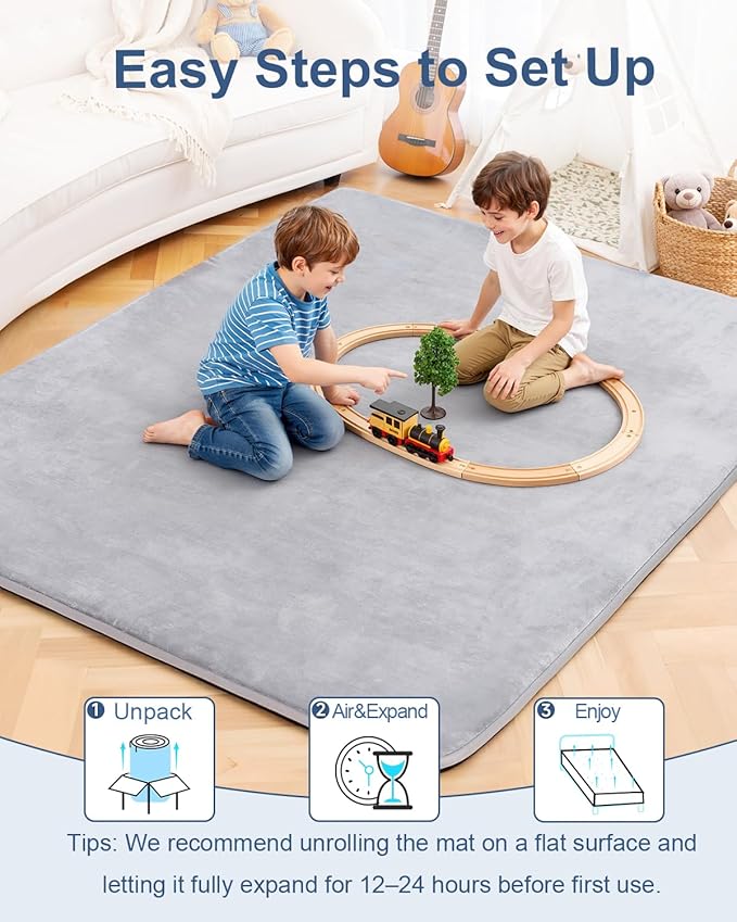 Thick Baby Play Mat for Floor,Padded Foam 59x39 Nursery Rug,Ultra Soft Support&Plush Feel Tummy Time Mat,Non Slip for Toddler,Infants,Kids Play,Yoga,Baby Crawling (Light Grey)