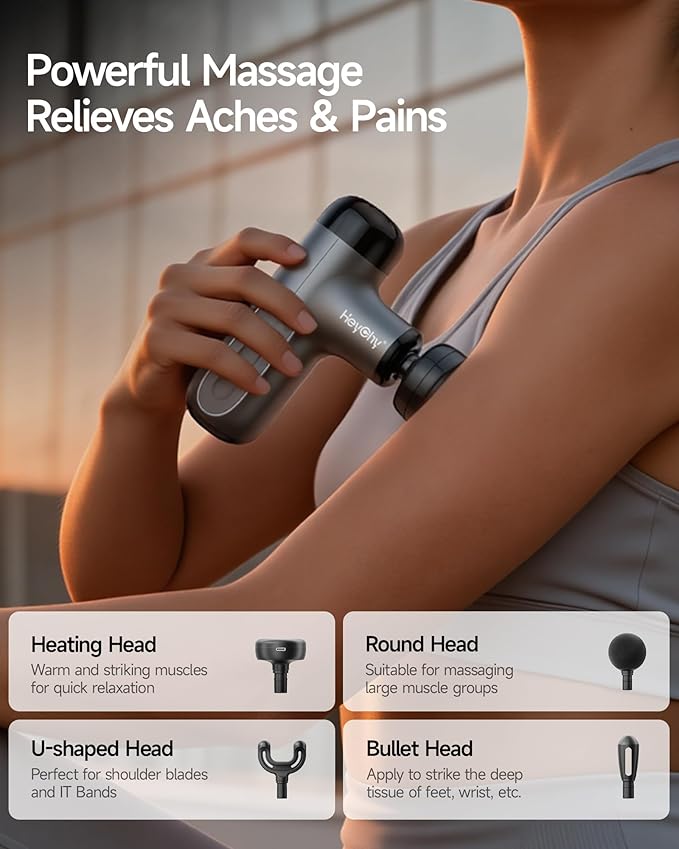HEYCHY Mini Massage Gun with Heat, Deep Tissue Massage Gun, Portable Percussion Muscle Massager with 4 Massage Heads for Athletes