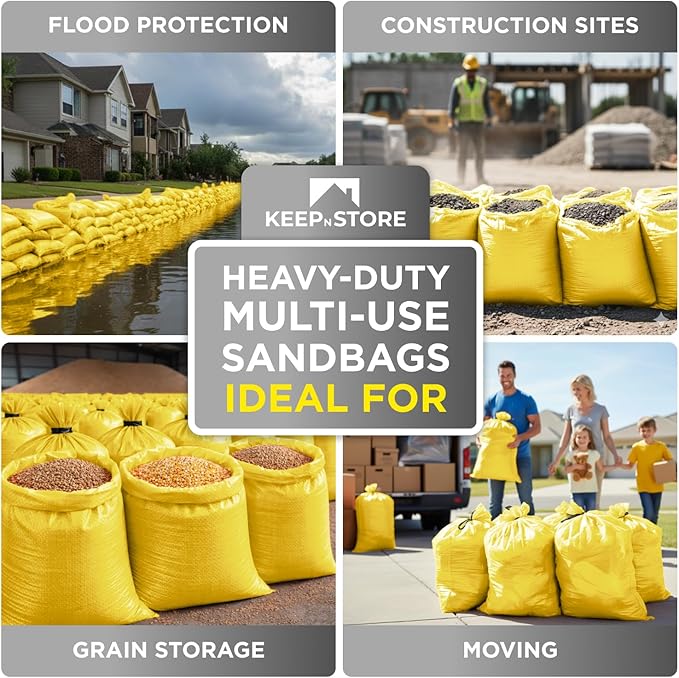 Heavy Duty Sand Bags Pack of 5, Bright Yellow Empty Sandbags with Built-In Ties, Woven Polypropylene UV Protection 1600 Hours, Fillable Bags for Flood Control, Weight, 36x48 inches, 175 Pounds Volume