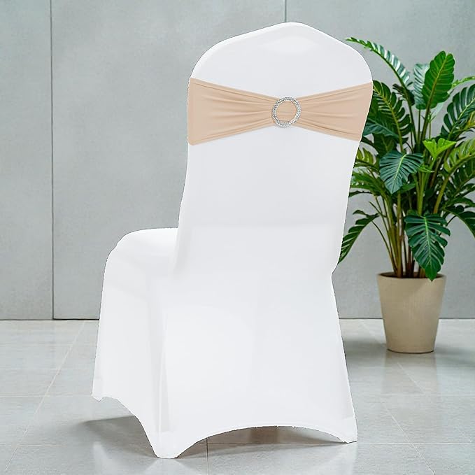 VDS - Champagne | Spandex Chair Sashes Bows | 300 PCS | Stretch Elastic Banquet Universal Folding Chair Band Tie with Silver Buckle Slider for Wedding Party Conference Celebration Event Decoration