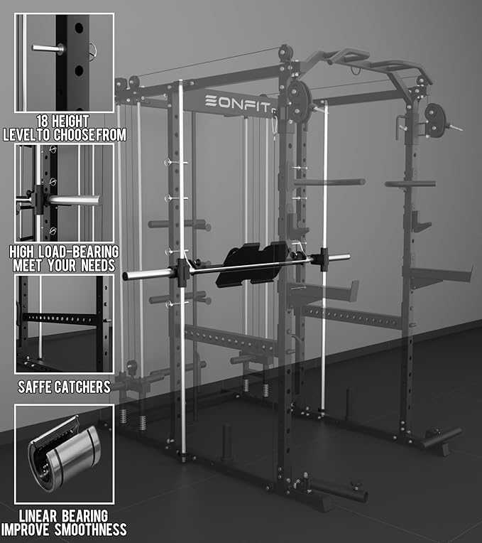 Eonfit E5 Smith Machine with Vertical Leg Press, Power Cage Squat Rack with LAT-Pull Down Cable Crossover Rotating Arms System Home Gym Equipment All in One