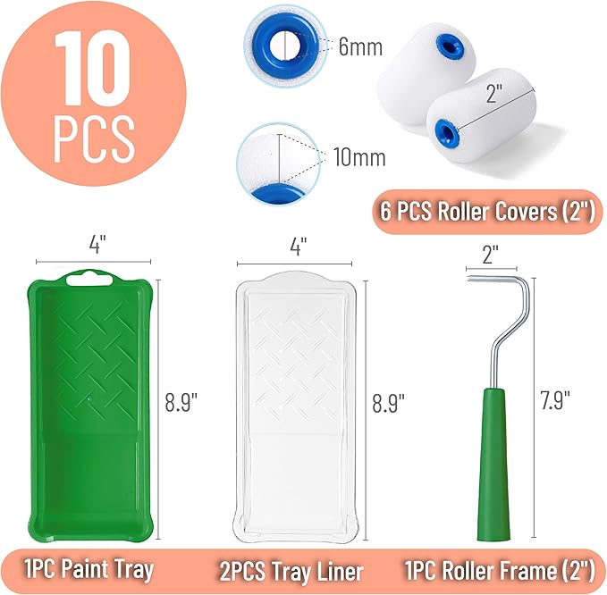 Bates- 2 Inch Foam Paint Roller Kit, 10 Pack, Small Paint Roller Kit, 1x Plastic Paint Tray, 2X Clear Disposable Tray Liners, 1x Roller Frame & 6X Mini Foam Covers for Painting Wall, Door, Cabinet