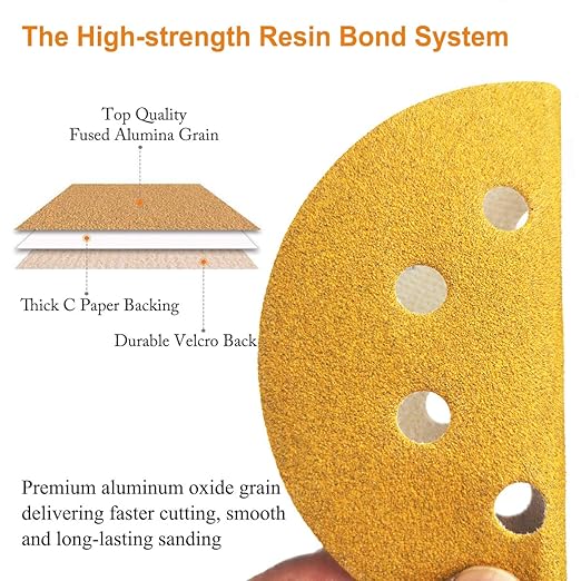 5-Inch 8-Hole Hook and Loop Sanding Discs, 60/80/120/220/400 Assorted Grits Gold Sanding Disc for Random Orbital Sander, 50-Pack