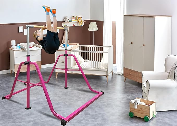 Foldable & Moveable Gymnastics Horizontal Bar with Rings,3’to 5’Adjustable Height Expandable Junior Kip Bar for Home,Indoor Gym Equipment for Kids