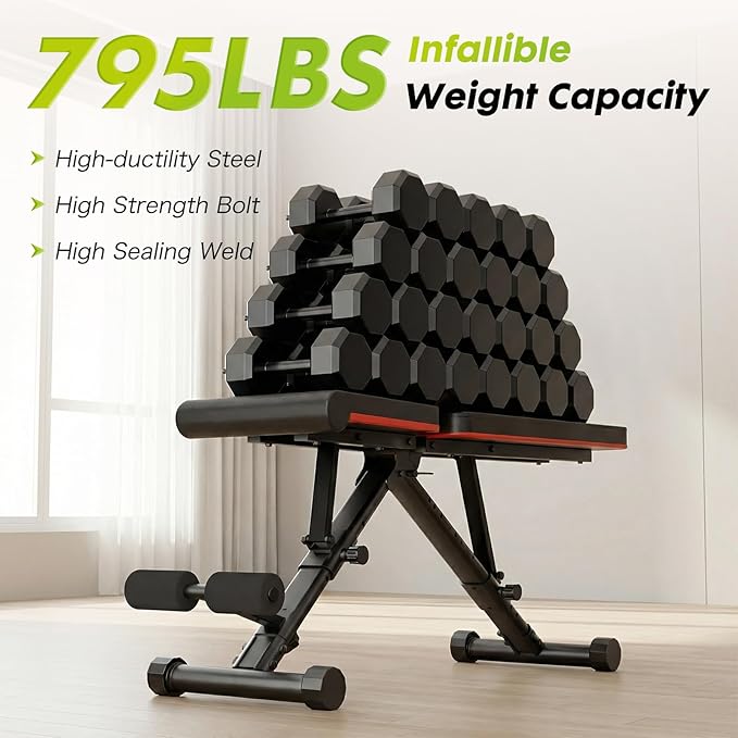 OLIXIS Adjustable Weight Bench for Full Body Strength Training, Foldable Workout Bench with Incline Flat Positions, 795 lbs Capacity Dumbbell Bench for Home Gym, Sit Up, Press, and Ab Exercises