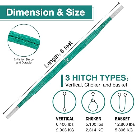 Lift Sling Straps,2" x 6' 2-Ply Heavy Duty Flat Eye Lift Slings,Polyester Lifting Sling Strap Tree Saver Recovery Strap Web Sling Rigging Moving Tow Hoist Gear Straps 6400lb 5100lb 12800lb