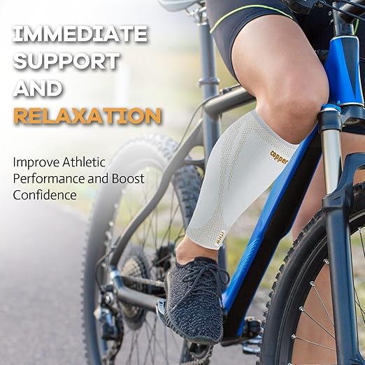 Copper Calf Compression Sleeves for Men & Women - High Stretch Graduated Compression with Anti-Slip Grip | Breathable & Smooth Lining Footless Design for Runners, Shin Splints, Leg Fatigue & Travel (Light Gray, Medium)