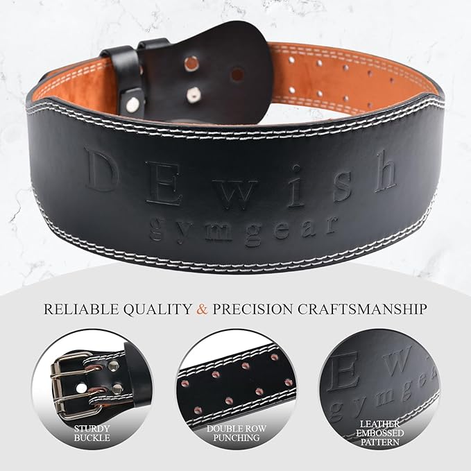 Leather Gym Fitness Belt, 4" & 6" Padded Lumbar Back Support, 10 Adjustable Holes for Weightlifting Powerlifting Bodybuilding Deadlift Squat Workout Strength Training