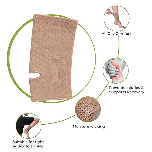 NeoTech Care Ankle Support Sleeve - Open Heel, Light, Elastic & Breathable Knitted Fabric - Medium Compression - For Men, Women, Kids - Right or Left Foot (Beige Color, Size M, 1 Unit)