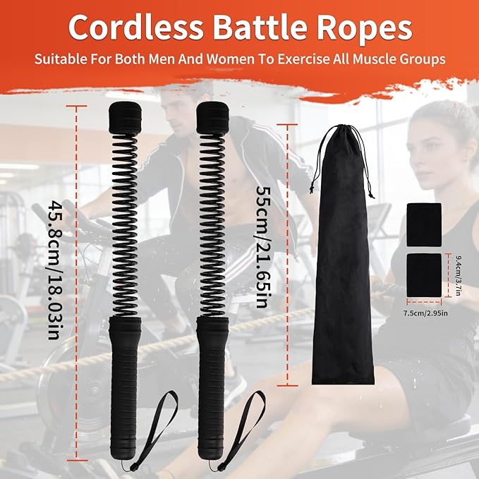 Premium Cordless Battle Ropes - Heavy Duty Ropeless Training Sticks for Home Gym with TPR Grips & Wrist Wraps，Portable Workout Equipment for HIIT, Strength & Cardio Training