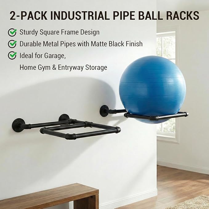 MyGift Yoga Ball Storage Wall Mount, Black Metal Pipe Racks for Exercise Ball Holder, Ball Storage for Home Gym or Studio