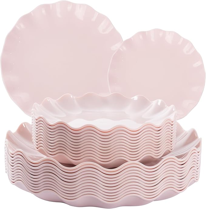 LIYH 24 Pcs Pink Plates Reusable, Pink Plastic Scalloped Plate Durable and Dishwasher Safe,Baby Shower Plate, Light Weight Daisy Plastic Wavy Plates for Wedding Party Birthday