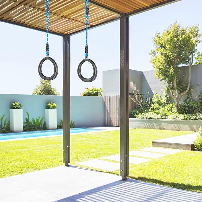 SELEWARE Trapeze Swing Rings, Non-Slip Gymnastic Rings Pull Up Exercise Rings with Adjustable Ropes for Home Gym Playground Ninja Warrior Obstacle Course Training Workout (Black, 2 Pack)