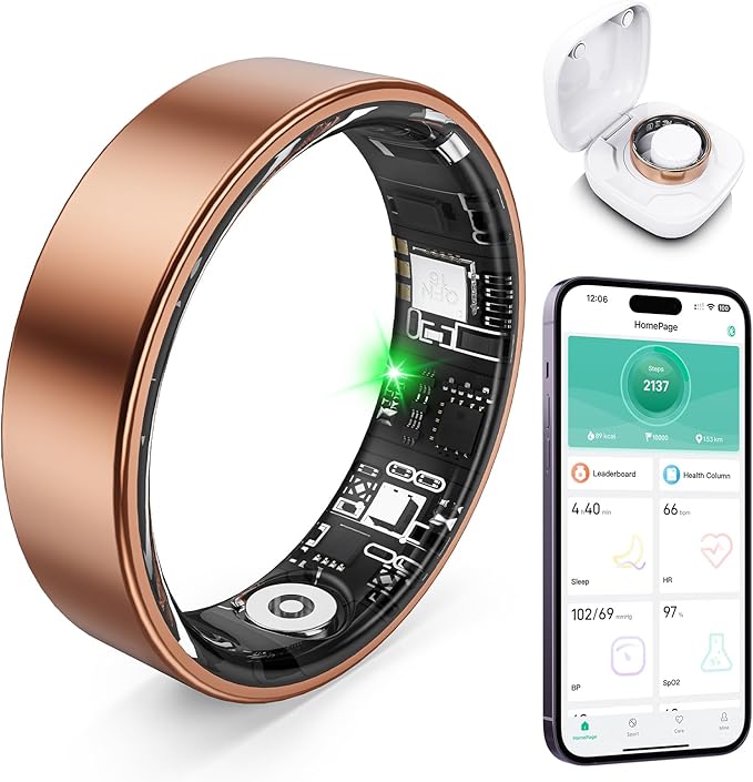 Smart Ring with Sleep Monitoring, Step Counting, Heart Rate, Blood Oxygen for iOS and Android, No Subscription Fee, IP68 Waterproof Health Tracker (Rose Gold, 7)
