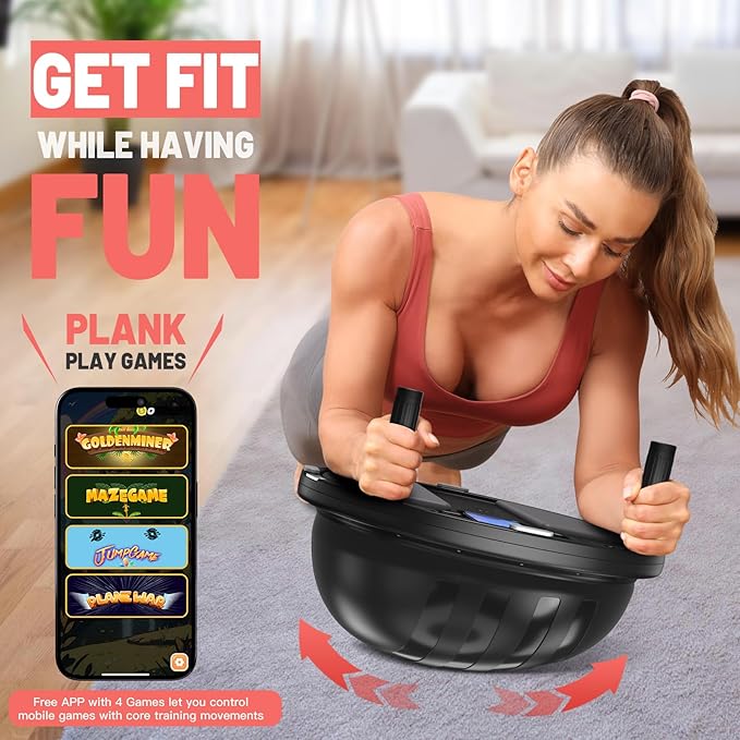 BODYRHYTHM 2 in 1 Balance Ball & Plank Board Trainer with Free iOS/Android App & 4 Free Games for Full Body Workout - Half Exercise Yoga Ball Trainer with 2 Bands & Pump for Strength Training