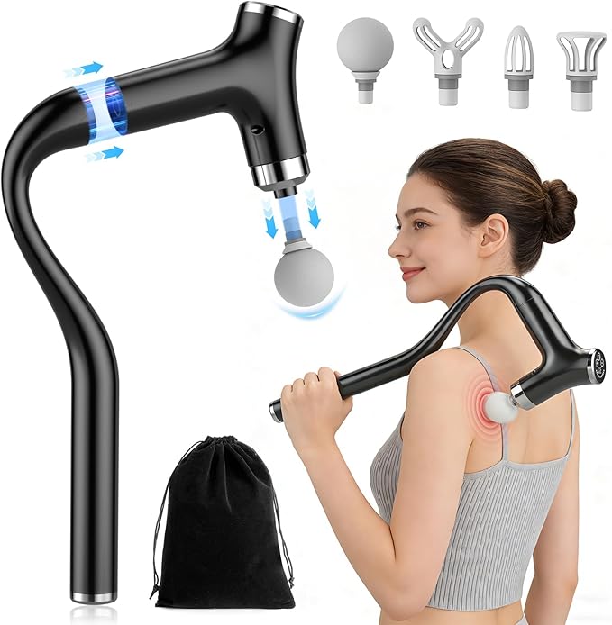 2-in-1 Detachable Back Massage Gun, Deep Tissue Percussion Massager with Long Handle for Self Back, Shoulder & Neck Relief, Handheld Muscle Massager with Strong Vibration, 12 Speeds, 4 Heads