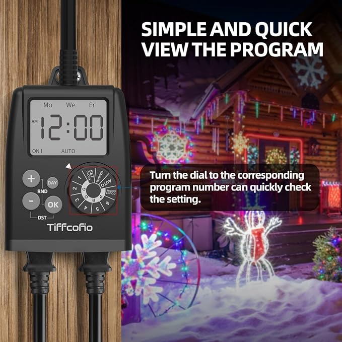 TiFFCOFiO New Digital Outdoor Timer Outlet, Dial Programmable Method, Outdoor Light Timer Waterproof, 2 Grounded Electrical Outlets for Christmas Lights, 6 Sets of Programs, 15A/1875W (2 Packs)