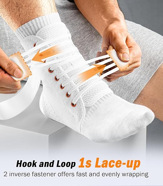 Slim-Fit Ankle Brace for Sprained Ankle, Quick Lace Up Ankle Support for Women Men with 2 Auto-Shaped Pads, Air Fabric Cool Ankle Stabilizer for Injury Recover, Running,Sports, White,L