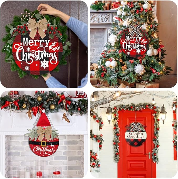 DIYDEC 6 Pack Wood Circles for Crafts 14 Inch Unfinished Wood Slices Blank Wooden Door Hanger Sign Round Wood Discs with Bows Twine Glue Point for DIY Crafts Painting Christmas Home Holiday Decor