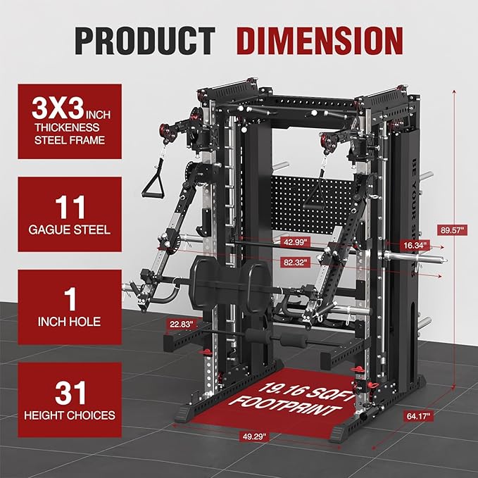 Commercial Smithe Machine with Dual Weight Stacks, Power Cage Squat Rack with Lever Arm & Leg Press Attachment, Multi-Function Linear Bearing Cable Crossover Machine for Home Gym