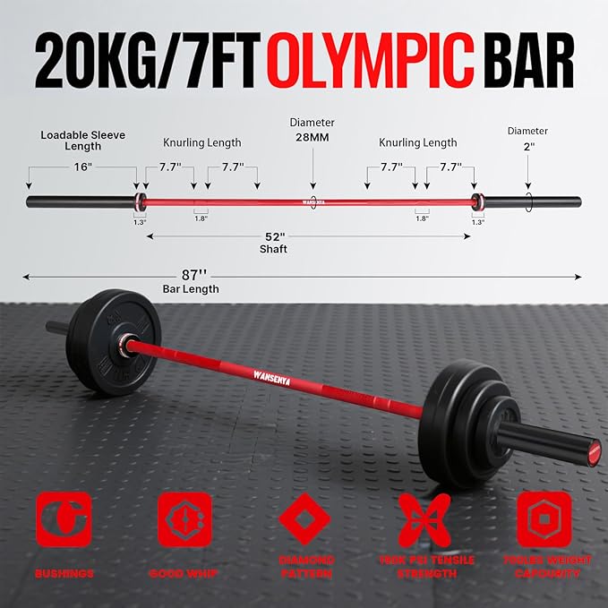 7FT Olympic Barbell 45lb,28MM 2 Inch Olympic Bar for 500/700lbs Capacity with No. 45 Steel,Olympic Weight Bars for Lifting,CrossFit,Bench Press,Deadlift,Squats,Strength Training bars