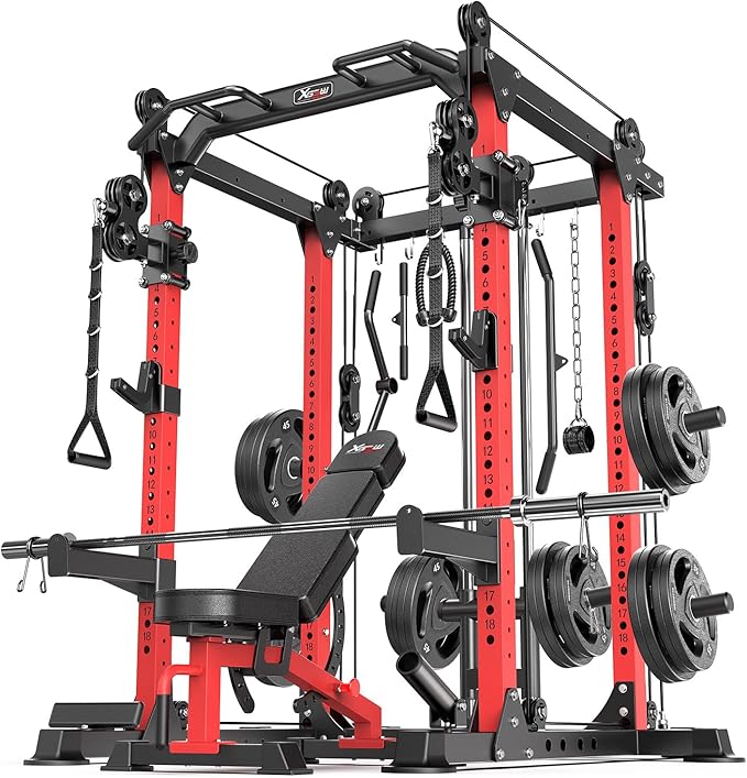 Power Cage Multi-Function Power Rack with Cable Crossover System,1500 LBS Capacity Squat Rack with Weight Bench,for Home Gym