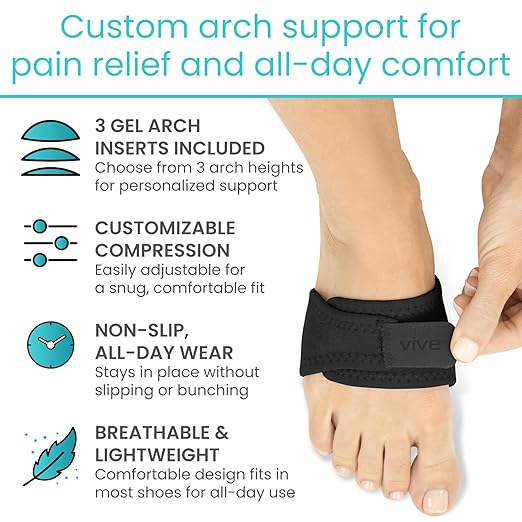 Vive Foot Arch Support Brace (Pair) - Wrap Corrector for Flat Feet, Plantar Fasciitis, Pain Relief, Fallen Arches - Compression Sleeve Strap, Gel Bands Inserts for Women & Men - Wear Under Socks