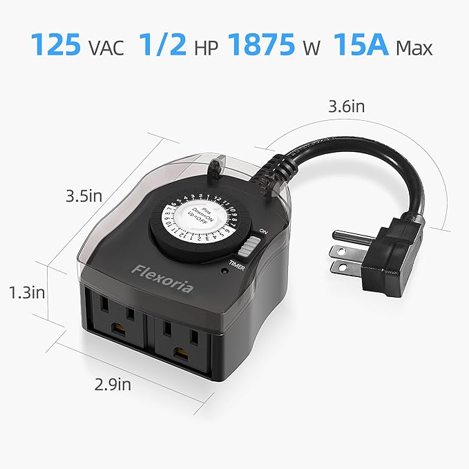 Outdoor Timer Outlet Waterproof, 24 Hour Mechanical Plug in Light Timer, 2 Grounded Outlets for Outdoor Lights, 15A 1/2 HP, ETL Listed (2 Packs)