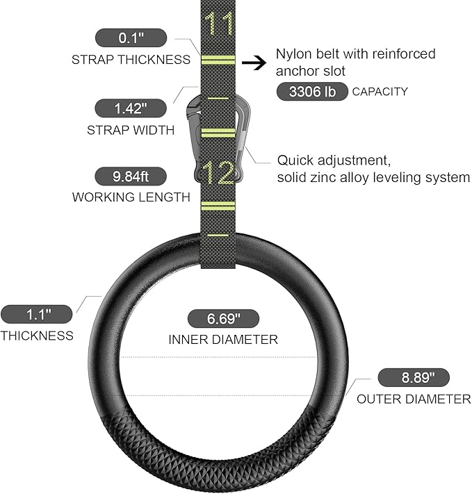 QUOLIX Gymnastic Rings with Adjustable Straps, Non-Slip Pull Up Rings with Straps, 1300lbs Exercise Rings with Straps for Home, Gymnastics Rings for Home Gym, Workout, Exercise, Training, Calisthenic