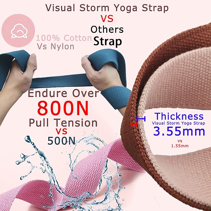 8ft Cotton Yoga Strap for Stretching with a D-Ring, Thick Cotton Nylon Yoga Belt with Extra Safe Metal Loops with Bag Set, 250g Nylon Durable Fitness Stretch Belt with Buckle As Physcial Therapy Bands Workout