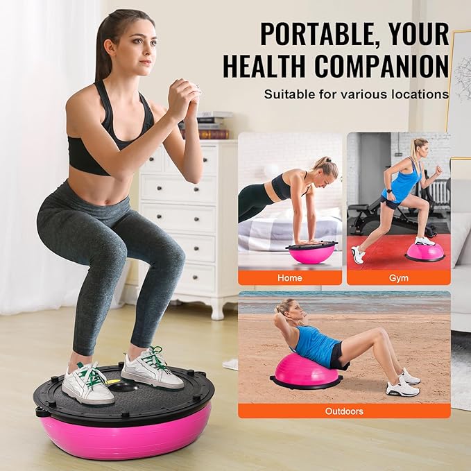 VEVOR Half Exercise Ball Trainer, 23/26 inch Balance Ball Trainer, 1500lbs Capacity Stability Ball, Yoga Ball with Resistance Bands & Foot Pump, Strength Fitness Ball for Home Gym Full Body Workout
