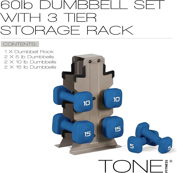 Tone Fitness Neoprene Dumbbell Set with Storage Rack – Non-Slip, Anti-Roll Hand Weights for Home Gym Workouts | 20 lb, 32 lb, 50 lb, 60 lb & 100 lb Options