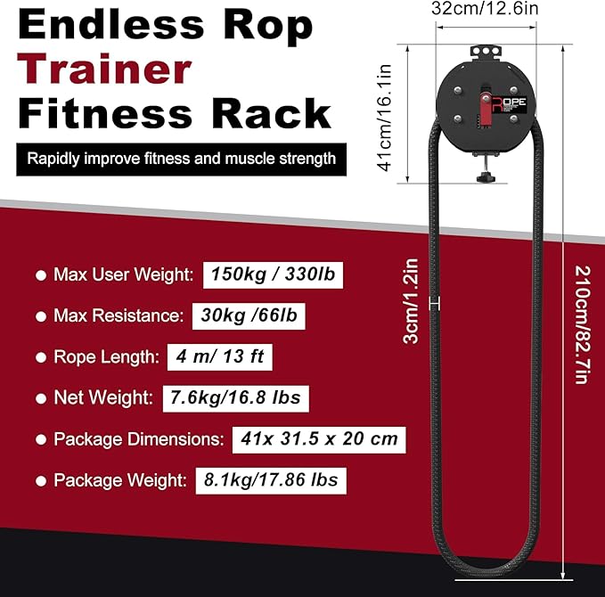 Endless Rope Trainer for Home Gym, Portable Cable Pulley System with 14 FT Closed-Loop Nylon Rope, 66LB Max Resistance Infinity Ropes Machine for Full Body Workout Cardio HIIT Strength Training