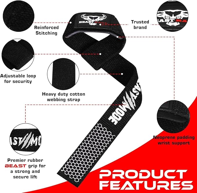 BEAST RAGE Lifting Wrist Straps for Weightlifting, Straps Gym Grip Power Workouts Lifting Straps Padded Cotton Men Women Wrap Lift, Deadlift Bodybuilding Weight Lifting Exercise Straps
