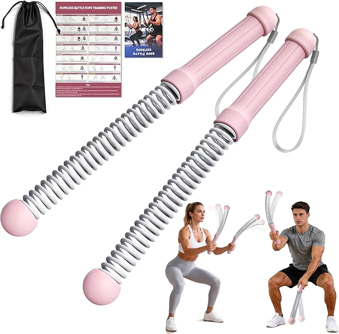Weighted Ropeless Battle Ropes, Heavy Duty Portable Cordless Battle Rope for Home Gym with Poster, Cordless Battle Rope with Storage Bag for Strength Training, Fitness Equipment for Men & Women(Pink)