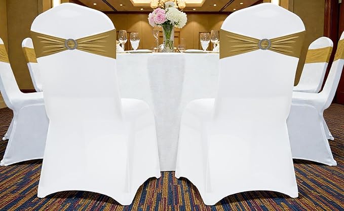 VDS - Gold Glitter | Spandex Chair Sashes Bows | 125 PCS | Stretch Elastic Banquet Universal Folding Chair Band Tie with Silver Buckle Slider for Wedding Party Conference Celebration Event Decoration
