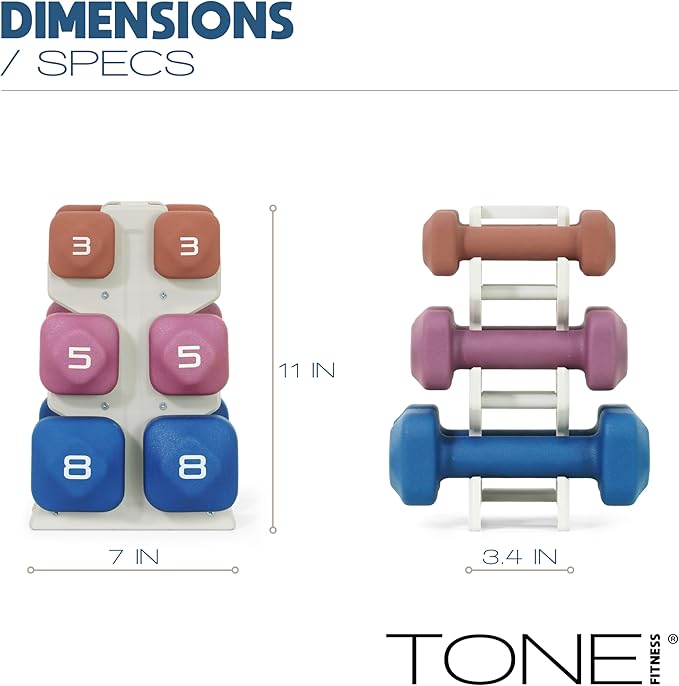 Tone Fitness Neoprene Dumbbell Set with Storage Rack – Non-Slip, Anti-Roll Hand Weights for Home Gym Workouts | 20 lb, 32 lb, 50 lb, 60 lb & 100 lb Options
