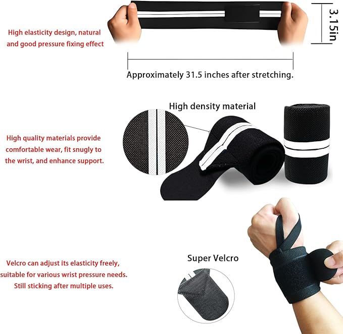 Wrist Wraps for Weightlifting,2Pcs Gym Wrist Wraps with Hand Thumb Loop,Premium Quality Wrist Support,Triple Reinforced Protection,More Elasticity Density Weaving,Suitable for Weightlifting,Fitness