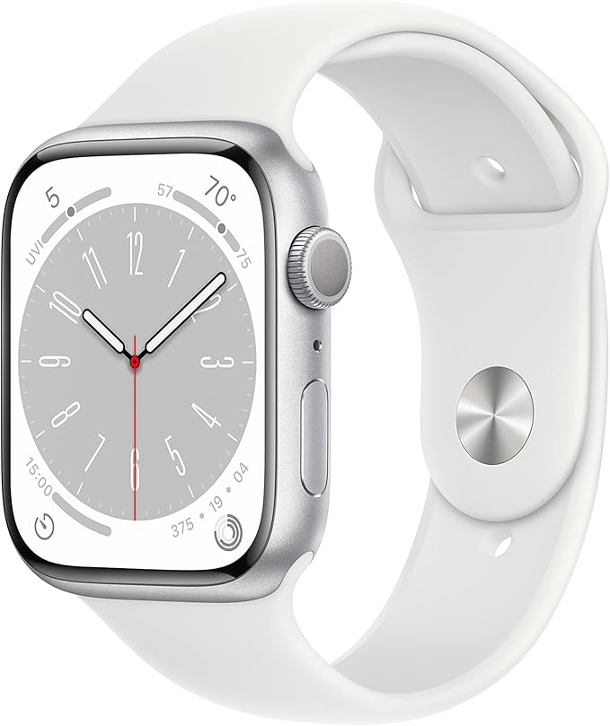 Apple Watch Series 8 [GPS, 45mm] Silver Aluminum Case with White Sport Band, M/L (Renewed)