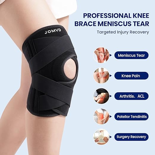 JOMVD Knee Brace for Knee Pain, Meniscus Tear, Adjustable Knee Support with Side Spring Stabilizers for Meniscus Tear, Arthritis, MCL, Patella Stability, Knee Pain Relief, Women and Men, Small