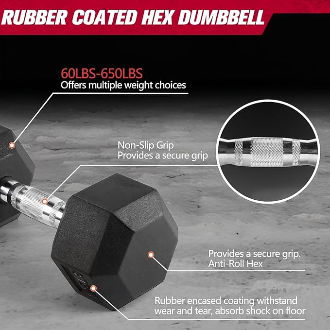 RitFit Rubber Coated Hex Dumbbell Set with Rack, 5-780LB for Home Gym Strength Training, Anti-Slip Knurled Handle, Hexagon Anti-Roll, Heavy-Duty Storage Rack